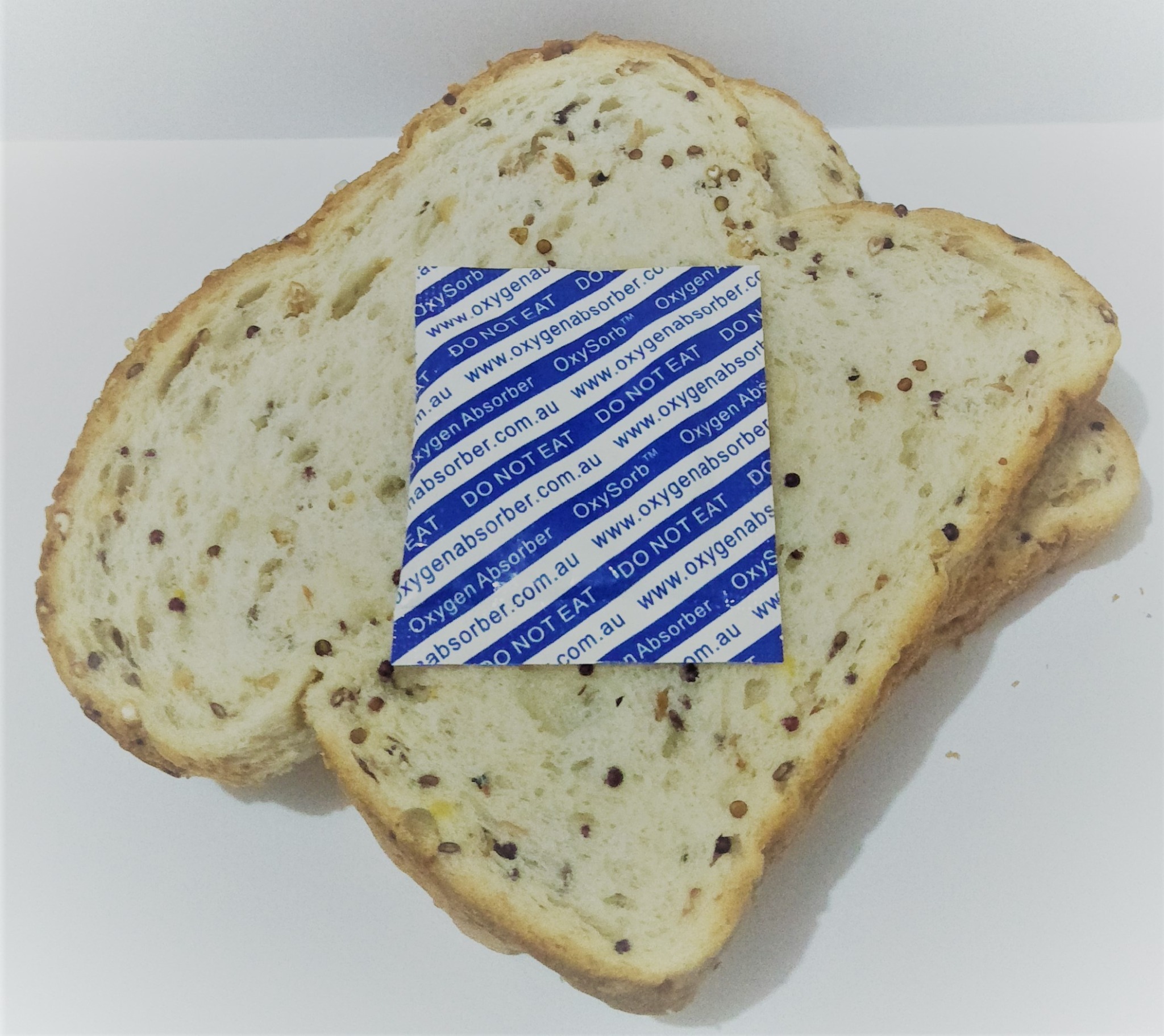 OxySorb oxygen absorber packet on bread packaging trial