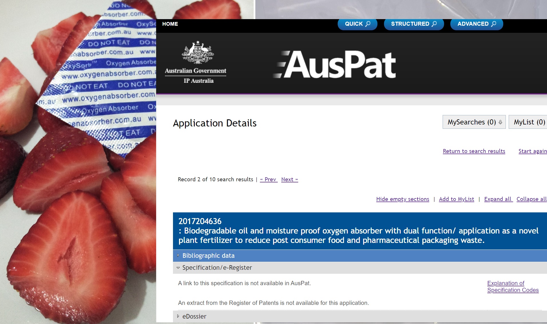 Australian patent screenshot for biodegradable oxygen absorber